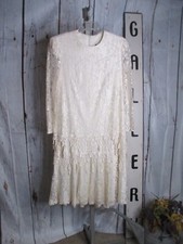 VTG DAVID ROSE 12 / M  Ivory Lace Romantic Fringe Midi Dress