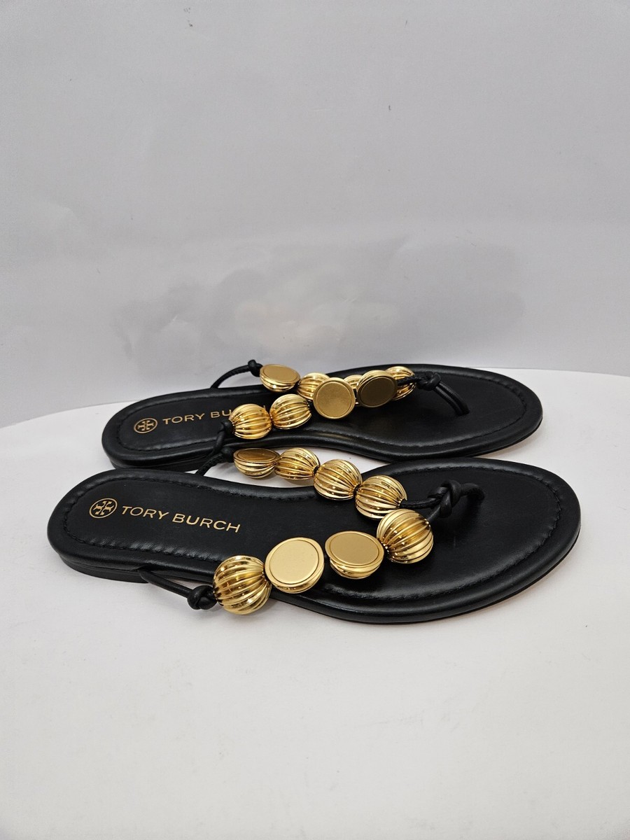 Tory Burch Capri Beaded Calf Leather Sandals/Perfect Black/Gold