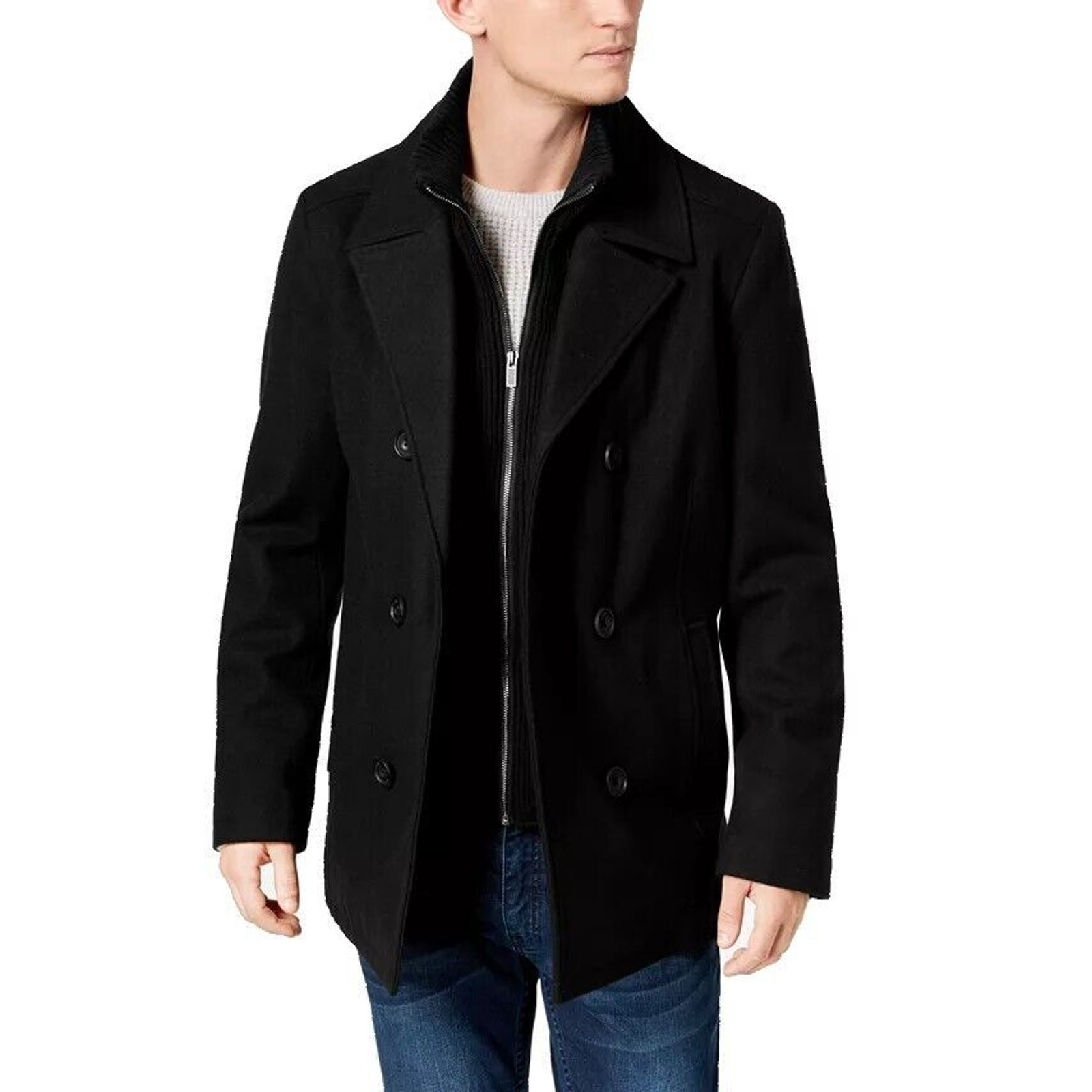 Kenneth Cole Mens Black Wool Blend Double Breasted Peacoat Size Large