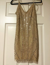 Aidan Mattox | Beige Beaded Sequin Mesh V-Neck Spaghetti Mini Dress, 2