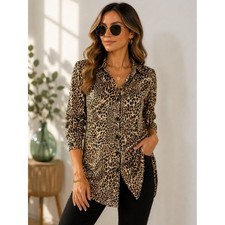 Leopard Print Pleated Button Down Tunic Blouse Small Animal Print workwear Ch c