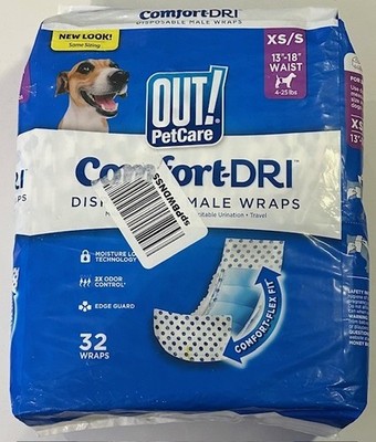 OUT! PetCare Disposable Male Dog Diapers Absorbent Leak Proof Fit, XS/S 32 Wraps