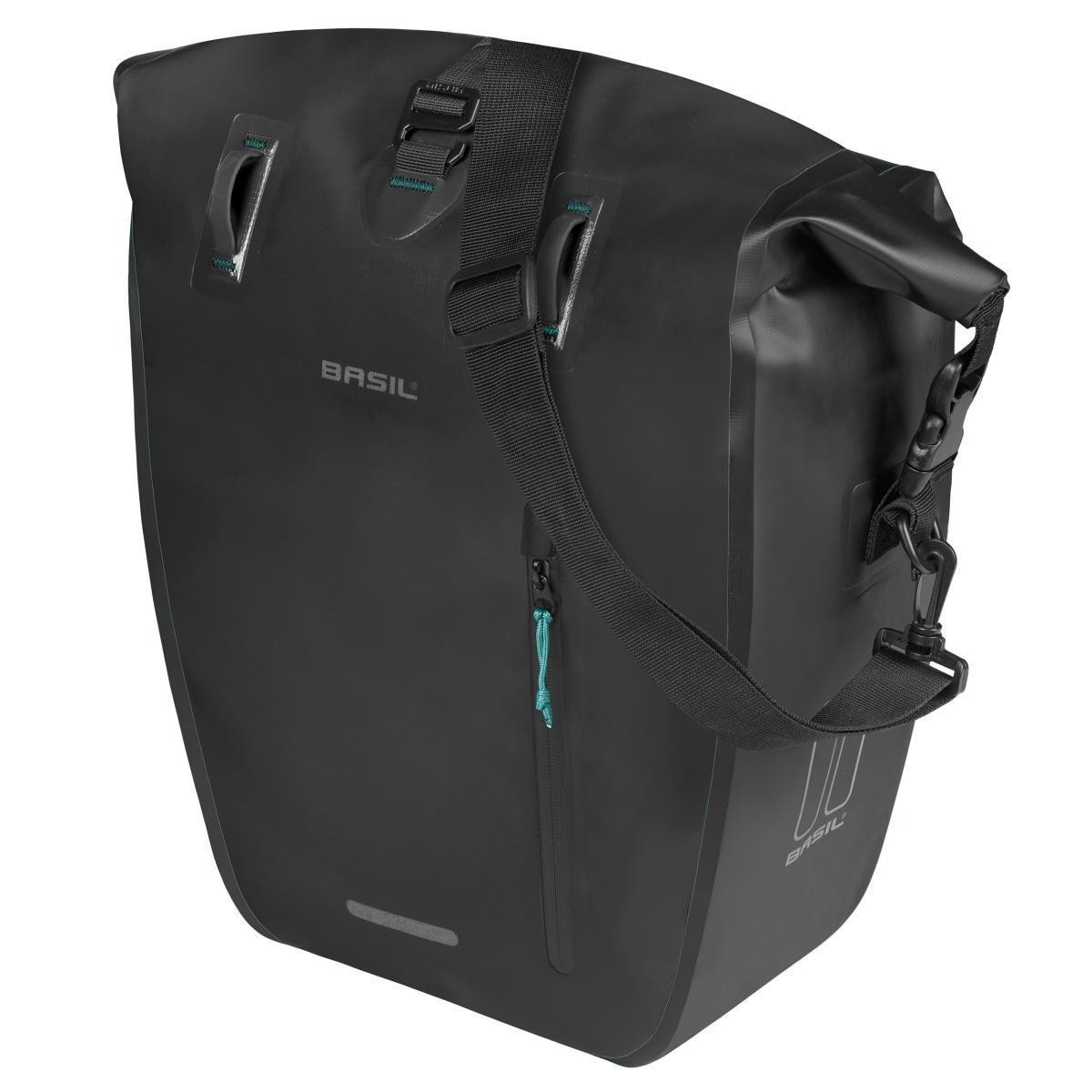Sacoche velo impermeable Basil Rivo noire pour le velotaf et les courses en ville fixation MIK