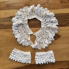 vtg. Hand Crochet Collar And Cuffs With Beads White