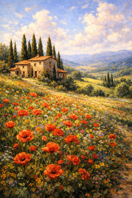 Tuscan Villa Blooming Poppies Wall Art Print Painting Printed On Canvas Artprint
