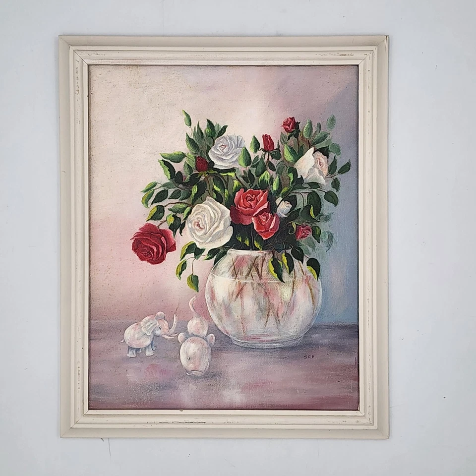 Pintura al óleo original de mediados de siglo bodegón floral rosas rojas arte enmarcado firmado Foto 4 de 4