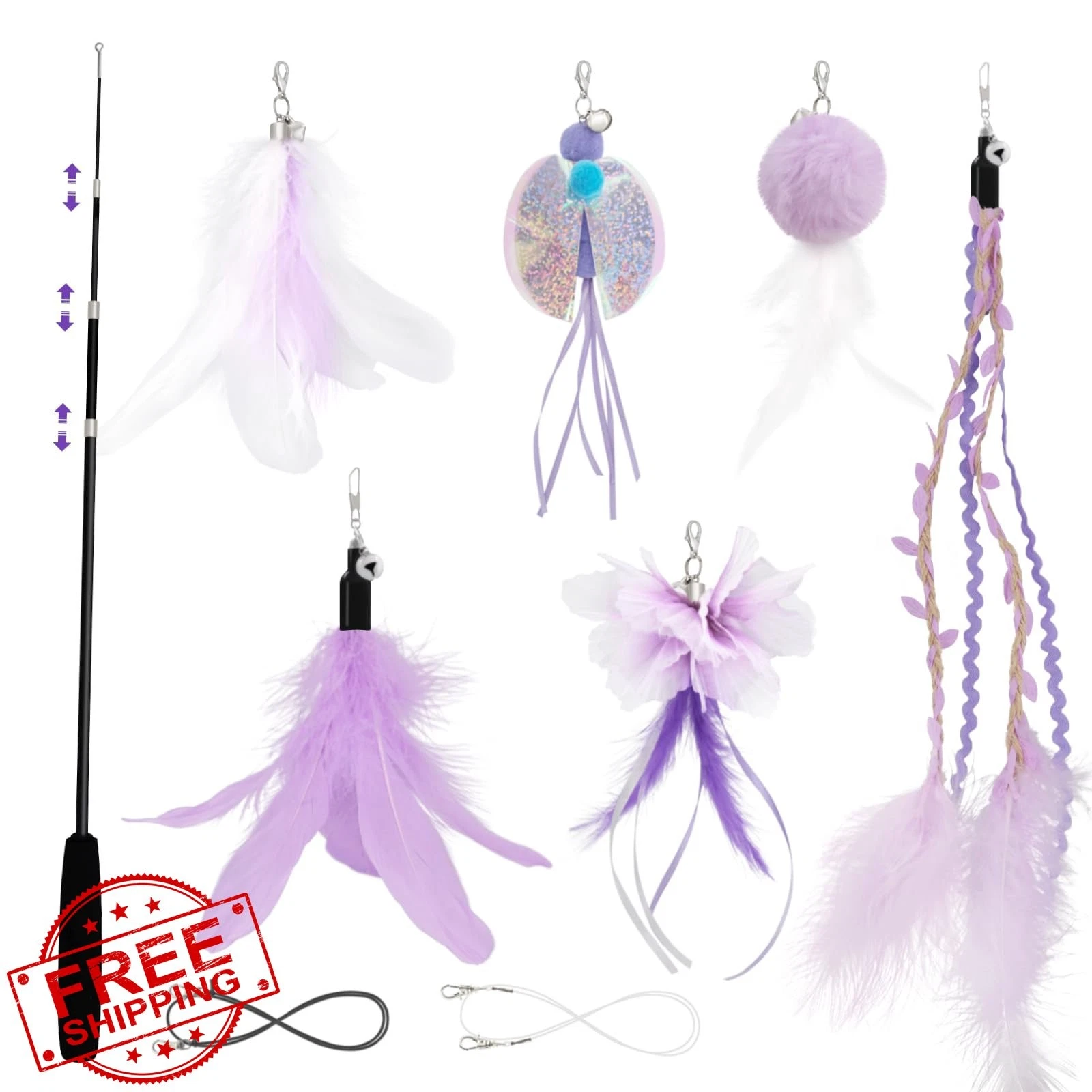 SONGWAY Cat Wand Toys Purple Teaser Wand 6 Fairy Feather Refills Dragonfly