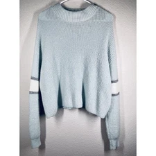 John + Jenn Size Medium Mint/light Blue Varsity Stripe Oversized Sweater Fuzzy