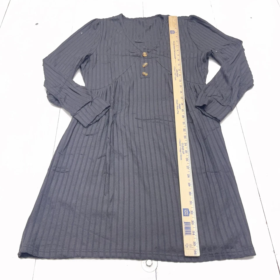 Vestido feminino BB.VOGUE XL preto listrado com nervuras manga longa gola V botão frontal - Imagem 4 de 4