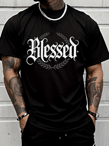 Men'S Fashionable Casual T-Shirt with Blessed Letter And Wreath Design