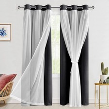 Hiasan Black Blackout Curtains with Sheer 84" Long, Thermal Insulated