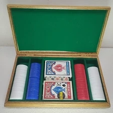 Handcrafted Oak Poker Chest Complete With Cards, Chips and Dice