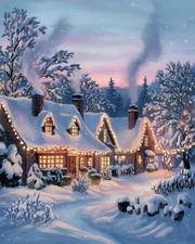 Snowy Holiday Village | Twilight Winter Scene | Impressionist Art Museum Art