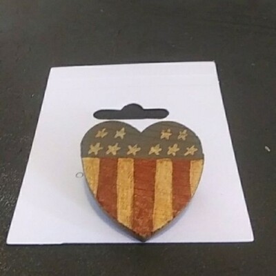Painted wooden heart patriotic flag pin