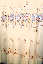 2 Beautiful NEW Blue on Beige Embr Floral 90"Lg. Washable Curtains FRENCH IMPORT