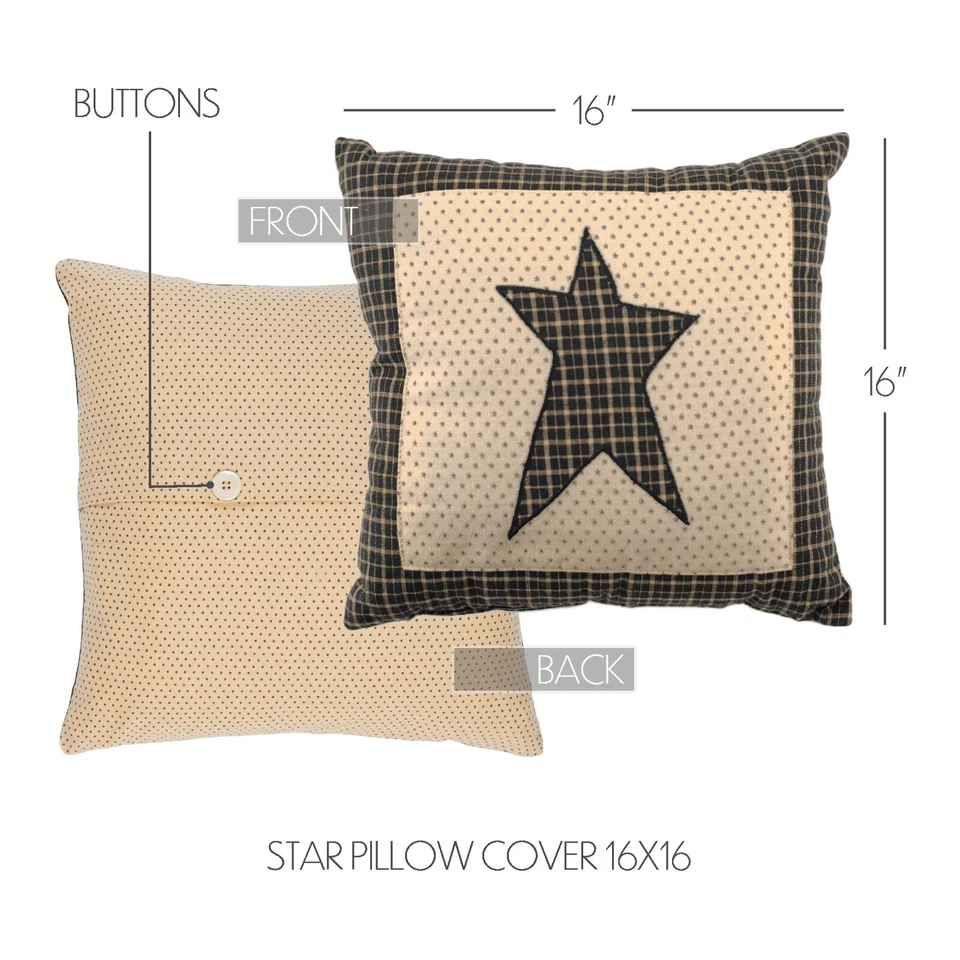 Throw Pillow Cover 16 inch Primitive Star Applique Black Cream Plaid (Unfilled) - Image 3 of 4