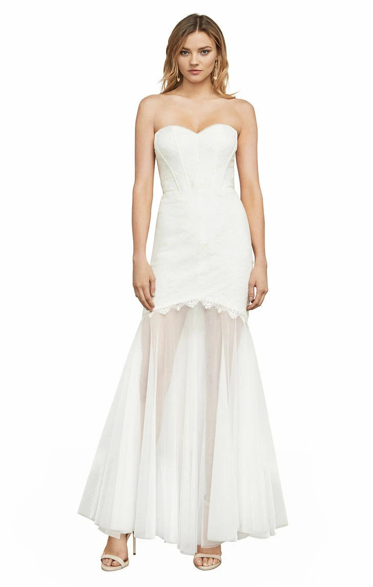 OFF WHITE ABITO NUOVO CON ETICHETTE BCBG MAX AZRIA $398 SPENTO BIANCO ALYCE SENZA SPALLINE IN PIZZO E TULLE TAGLIA 10