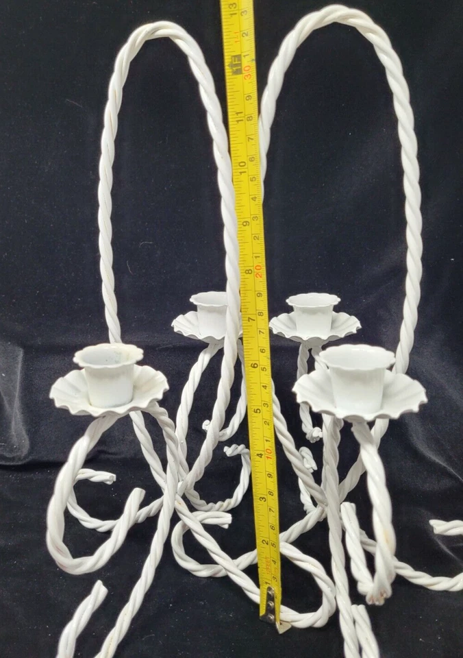 Candelabro vintage de 2 interiores de hogar de metal blanco cuerda trenzada boda Foto 4 de 4