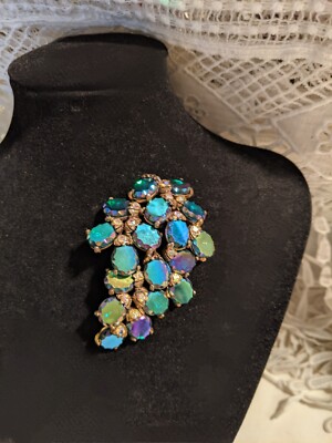 Vintage Signed  Elsa Schiaparelli  Purple Blue Green Art Glass Heliotrope Brooch