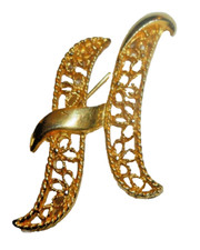 Vintage Gold Tone Initial H Brooch Filigree Openwork Letter H Pin Cursive 2"