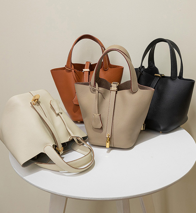 Trendy Hand-Made Leather Bucket Bag with Gold Buckle