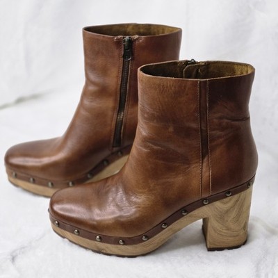 Kork-Ease Women's Leather Brown Boot Size 7.5 M Zip Studded Wood Soles Boho Chic
