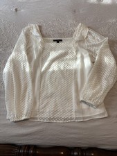 BANANA REPUBLIC Sz L White Blouse Sheer Long Sleeves Ruffles Square Neck Feminin