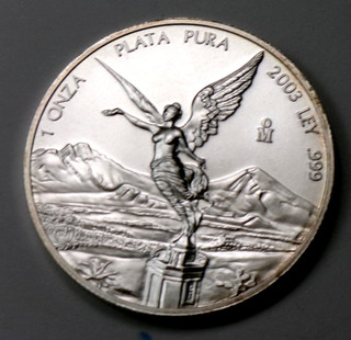 2003 Mo 1 Onza Mexico Libertad Plata Pura 1 Troy Oz .999 Fine Silver Coin