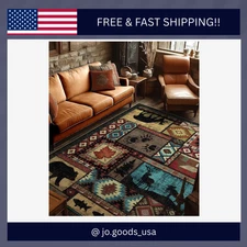 Rustic Cabin Area Rug 8X10,Machine Washable Lodge Bear Rug,Non-Slip Low Pile Pri