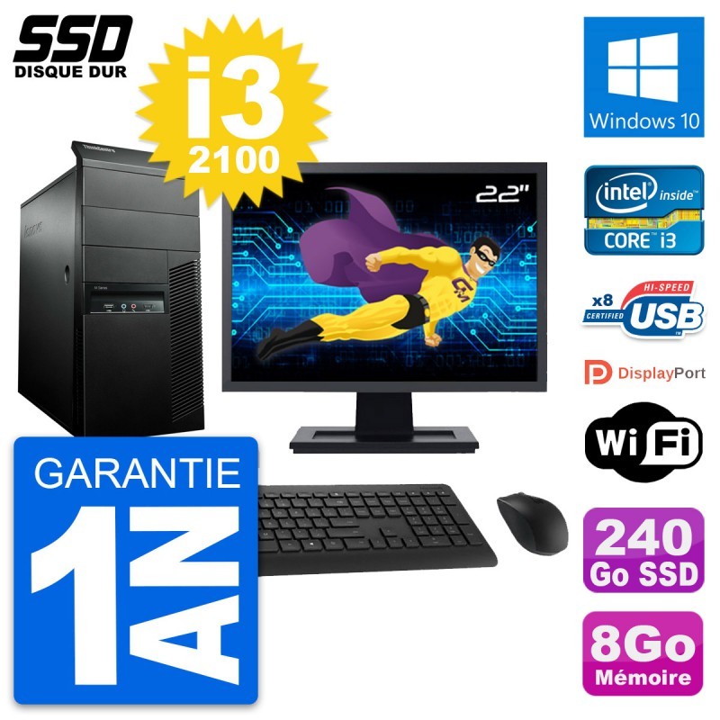 PC Tour Lenovo M91p Ecran 22" Core i3-2100 RAM 8Go SSD 240Go Windows 10 Wifi
