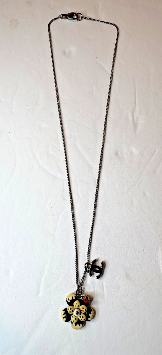 CHANEL Silver Necklace Acrylic Flower W/ Ladybug and CC Logo