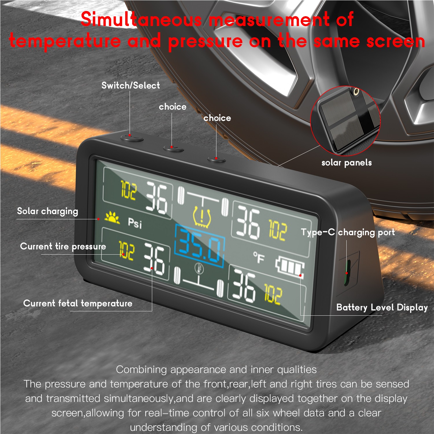 Tire Pressure Monitoring System TPMS Kit 4 Internal Sensors Car Solar Wireless