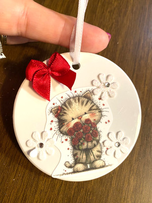 2026 Ceramic Whimsical Cat Kitty Roses Red Bow Christmas Ornament 3'' B