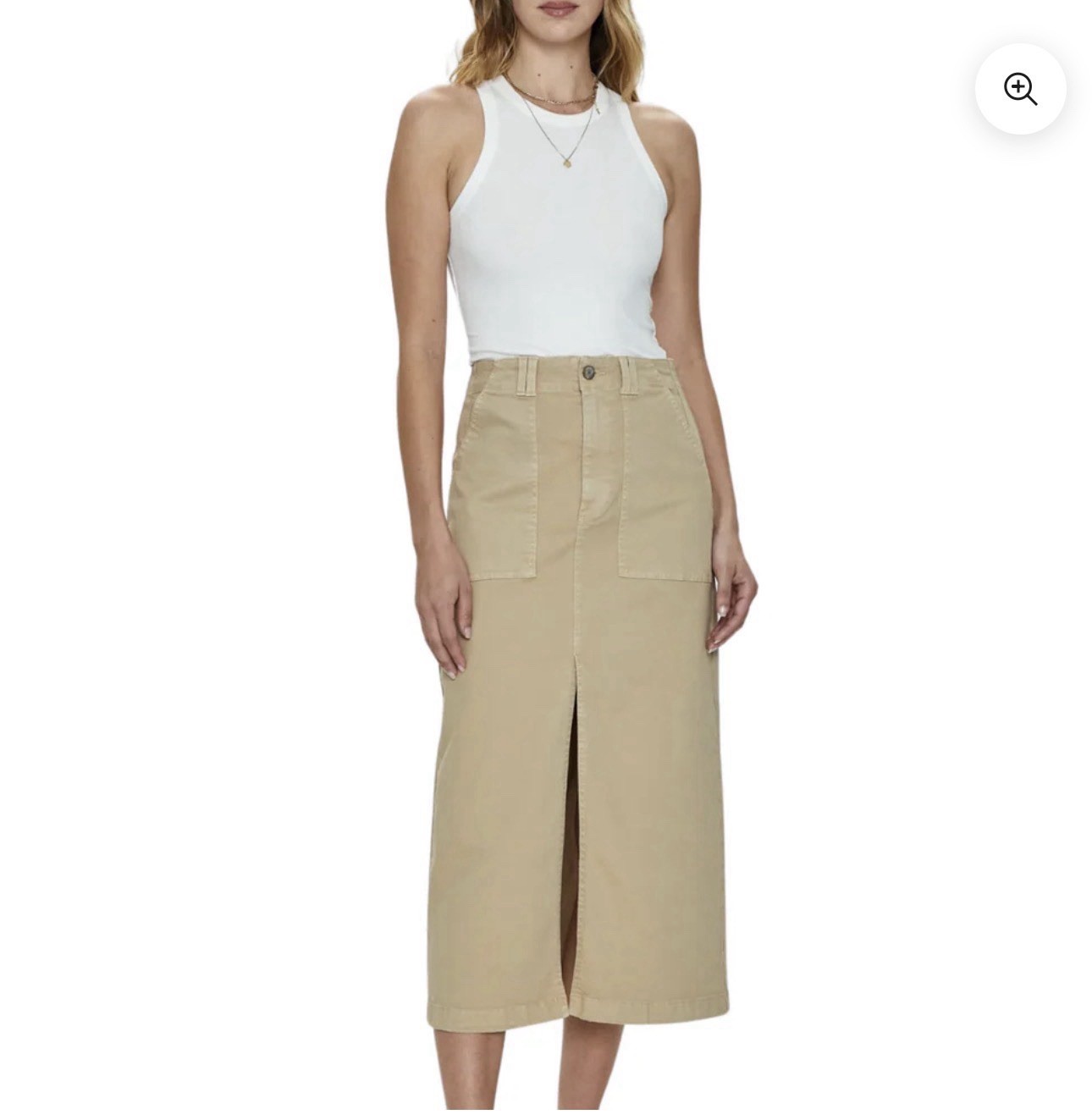 Pistola Beige High Rise Pamela Utility Midi Skirt Zip Pockets Slit 28