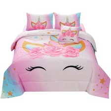 JQinHome Unicorn Twin Bedding Sets for Girls Kids,6 Piece Bed in A Bag 3D Col...