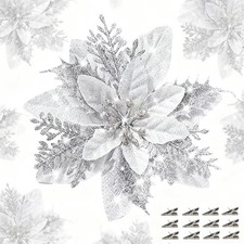 Christmas Artificial Poinsettia Flowers 5.9" Glitter Flower with Clips Decor