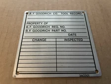 Vintage B.F. GOODRICH Tire Co Aluminum Metal Sign Tag TOOL RECORD Akron OH #10