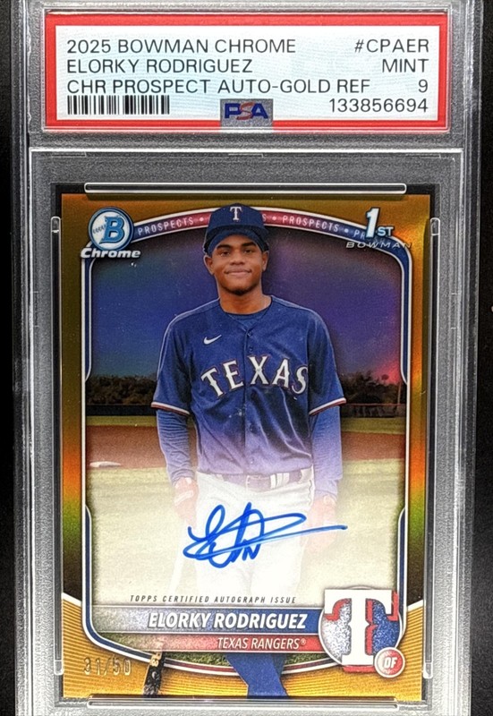 ELORKY RODRIGUEZ 2025 BOWMAN CHROME #CPA-ER GOLD REFRACTOR /50 1ST AUTO PSA 9