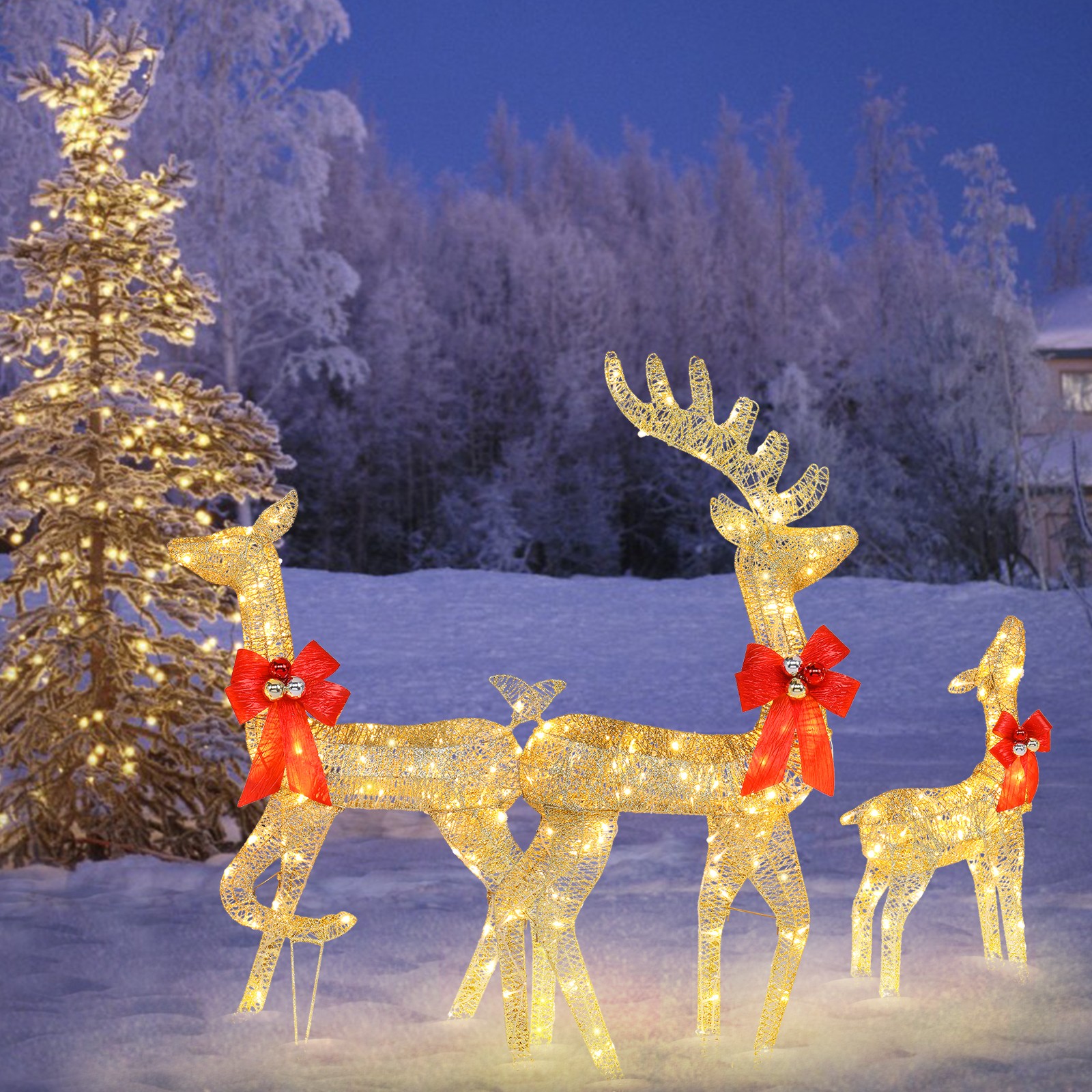 3-Piece Christmas Gold Reindeer Family Lighted Deer Set for Indoor Outdoor Yard