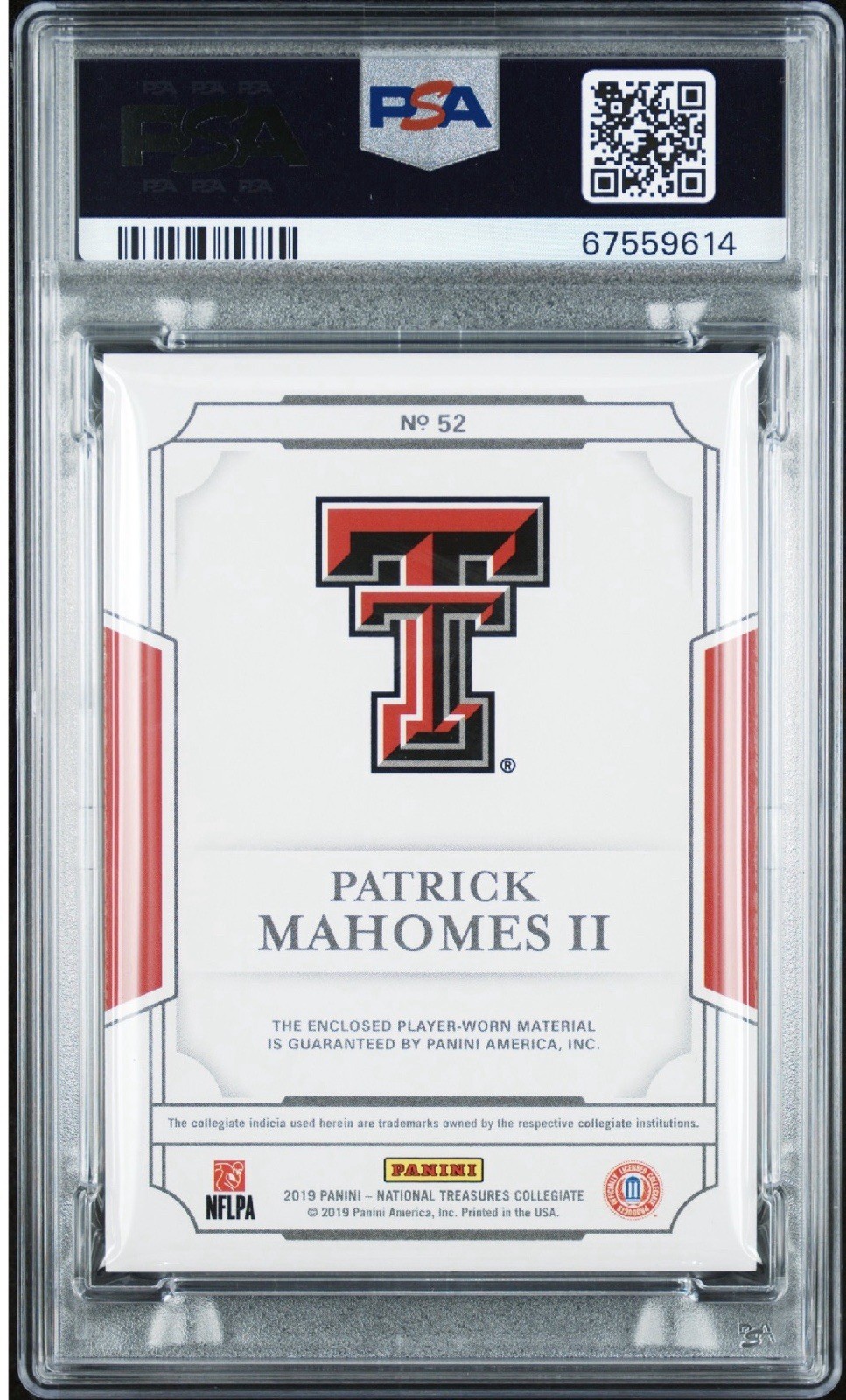 2019 Pan.nat.treas.cllgt. Patrick Mahomes PLAYER WORN Material-silver 25/25#52 view 2