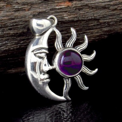 Massiver 925 Sterling Silber Halbmond Mond & Sonne Anhänger mit Edelstein klein oder groß