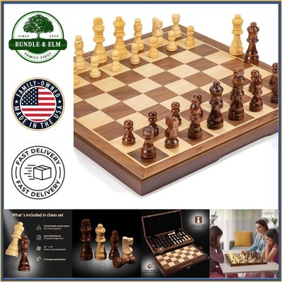 15 Inch Folding Chess Set with Walnut Finish, Perfect for Adults and Gift Giving