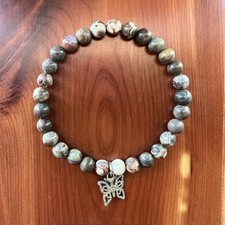 Flower Agate Stone Beaded Stretch Bracelet, Butterfly Charm, Multicolor, 8.4 in
