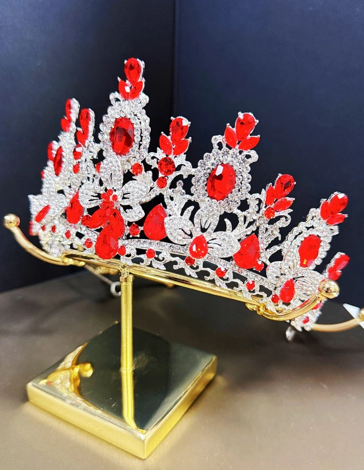 Silver Crystal Tiara, Bridal Flower Tiara, Red Crystal Tiara, Wedding Headpiece - Image 2 of 4