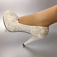su.cheny flat 2  3  4  White flat lace heel pearl Wedding Bridal shoes size 6-10