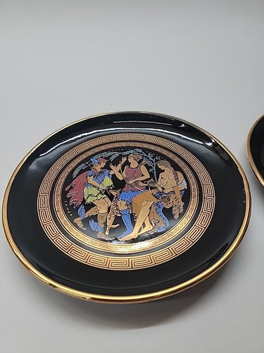 ADIS Hand Made In Greece 24.C Gold Trim Art Deco Wall hanging Plate 2 Pc 6.5" - Picture 2 of 8