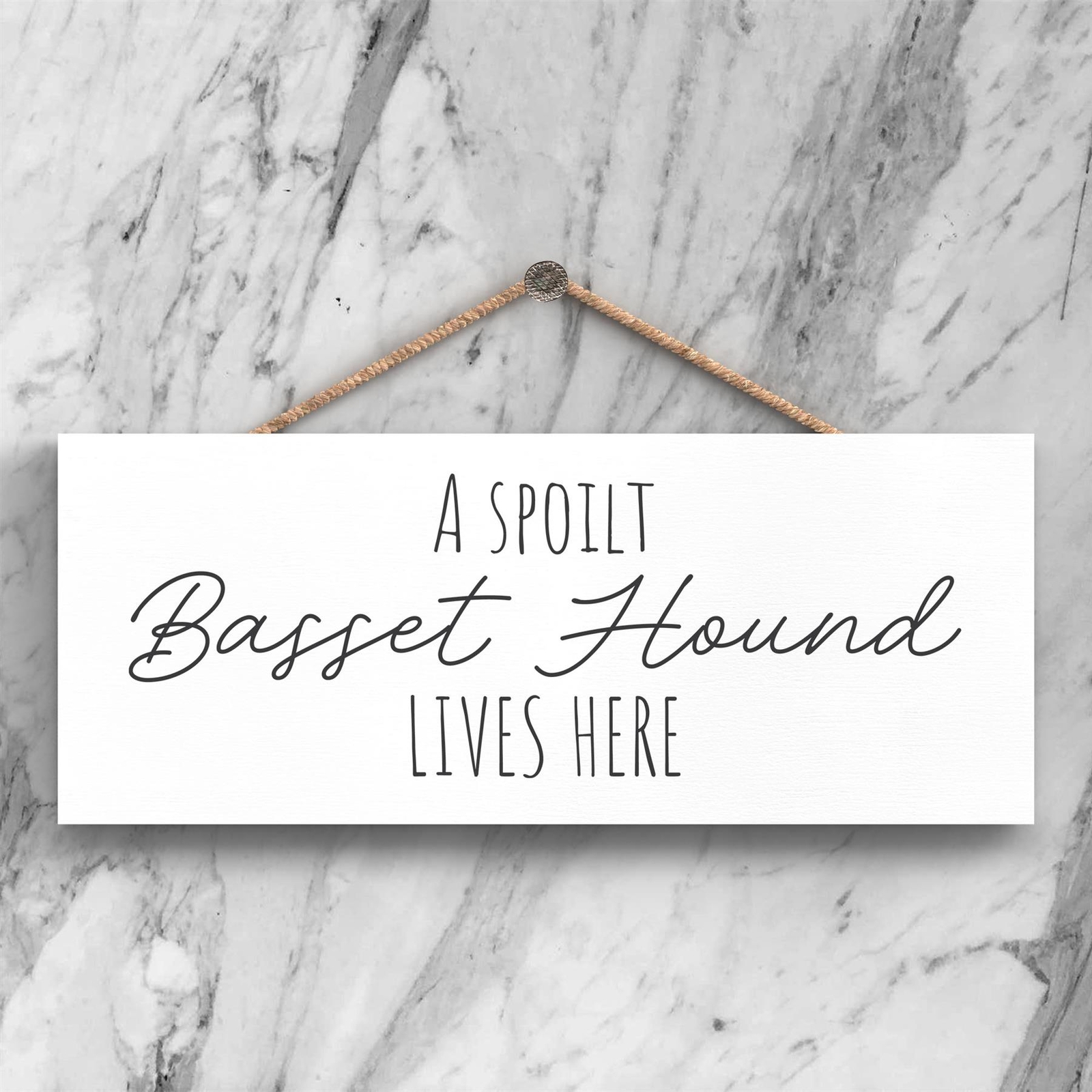 Spoilt Basset Hound Lives Here Humorous Typography Long Wooden Hanging Plaque