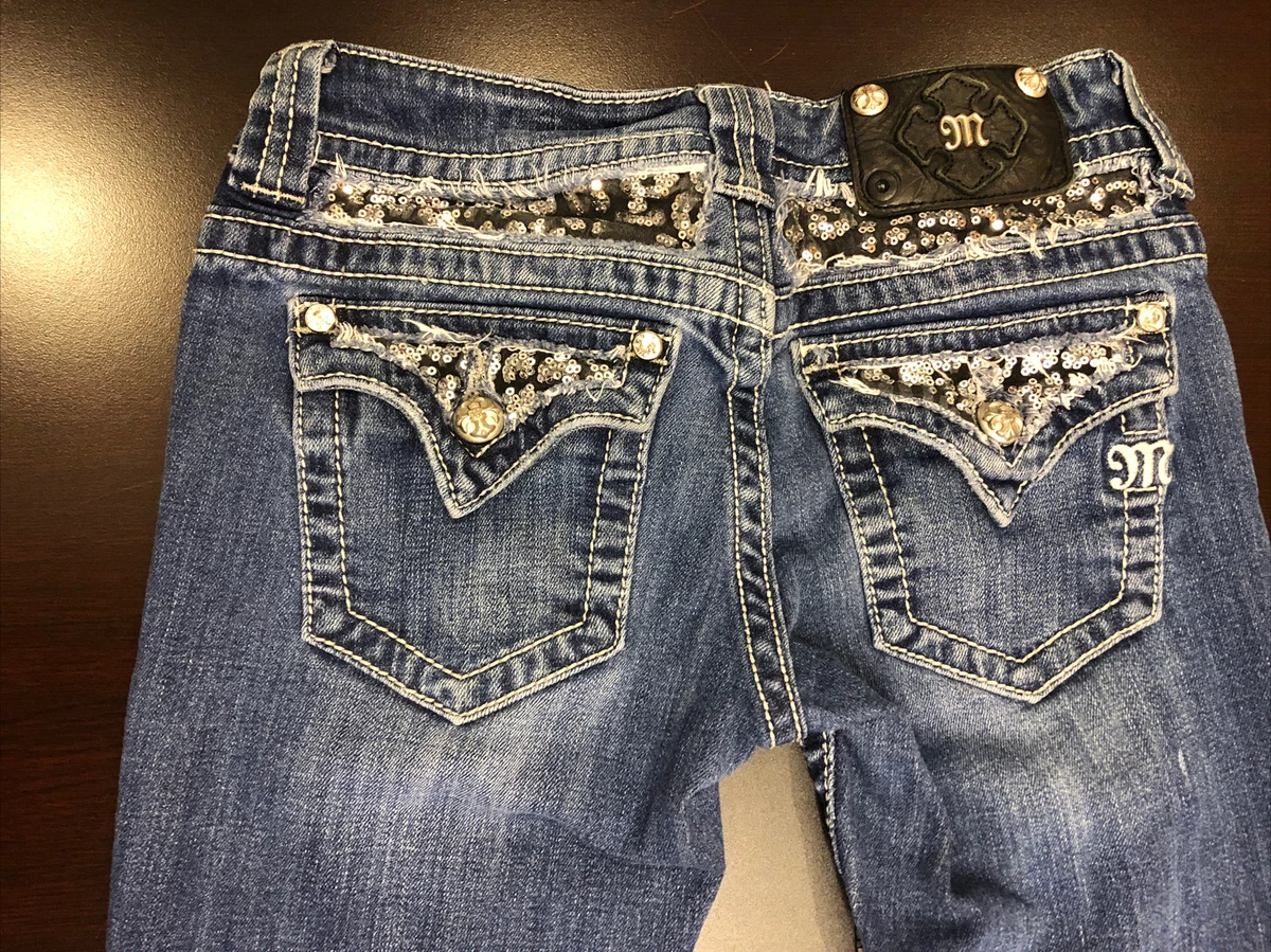 WOMEN S MISS ME BOOT CUT BLUE DENIM JEANS JP5002 34 SZ 27 STUDDED RHINESTONE
