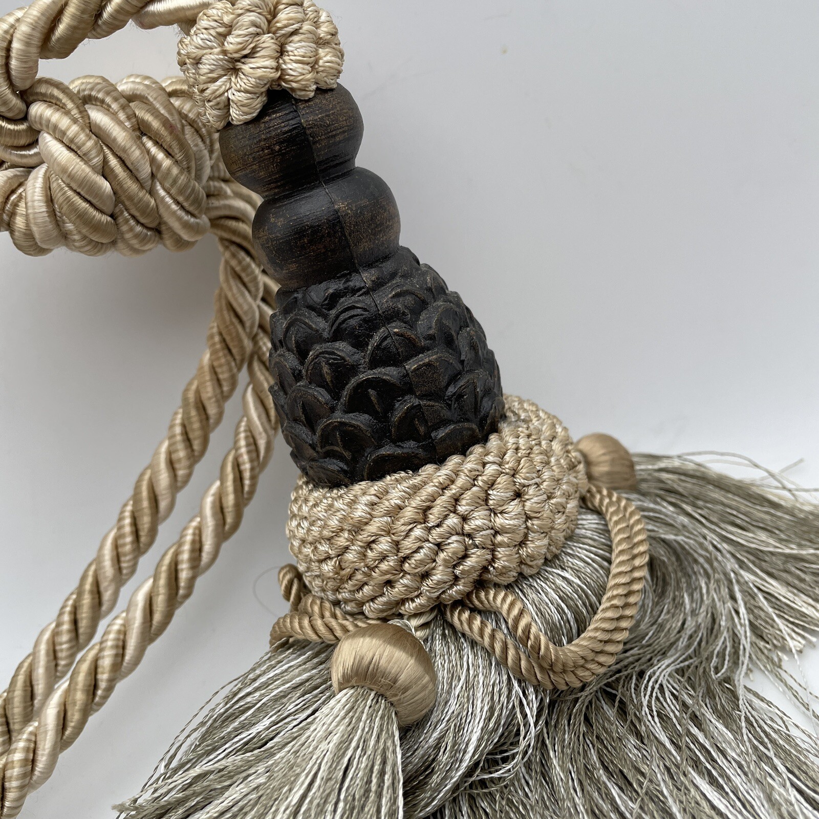 Large 10" Tassel Curtain Drapery Tieback Taupe Gold Brown Ornate Corded Rope