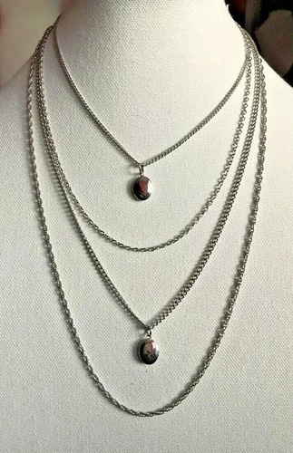 SILVERTONE DOUBLE LOCKET NECKLACE WITH 4 CHAIN LAYERS, SQUARE FILIGREE TAB CLASP - Picture 6 of 8
